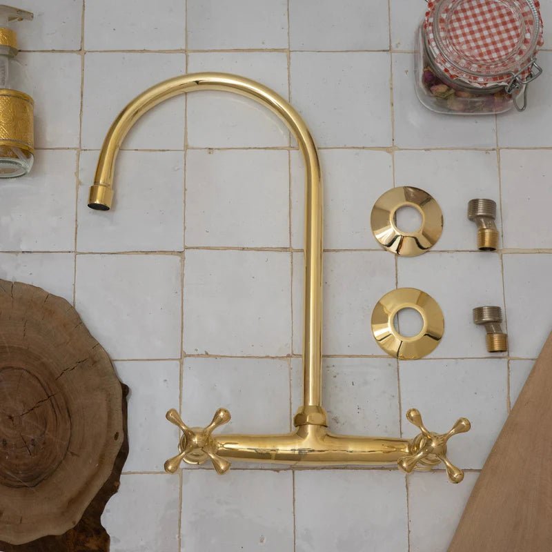 8″ Unlacquered Brass Kitchen Wall Mount Faucet, Gooseneck Faucet - Insideast