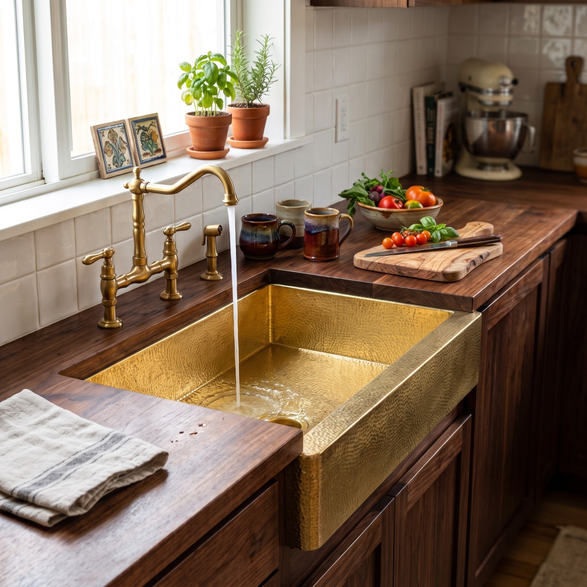 Hammered solid brass apron front kitchen sink set into a dark wood countertop with a bridge faucet