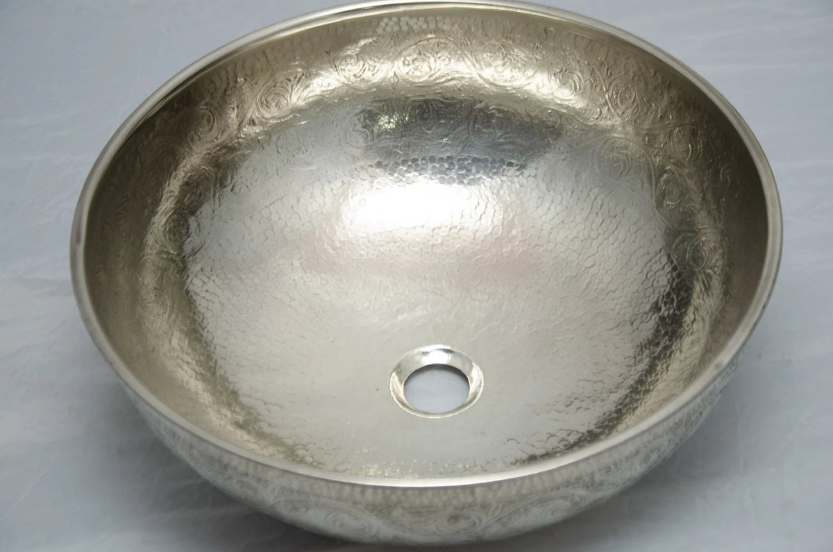 German Silver Bathroom Sink, Handcrafted Hammered Round Vessel Sink