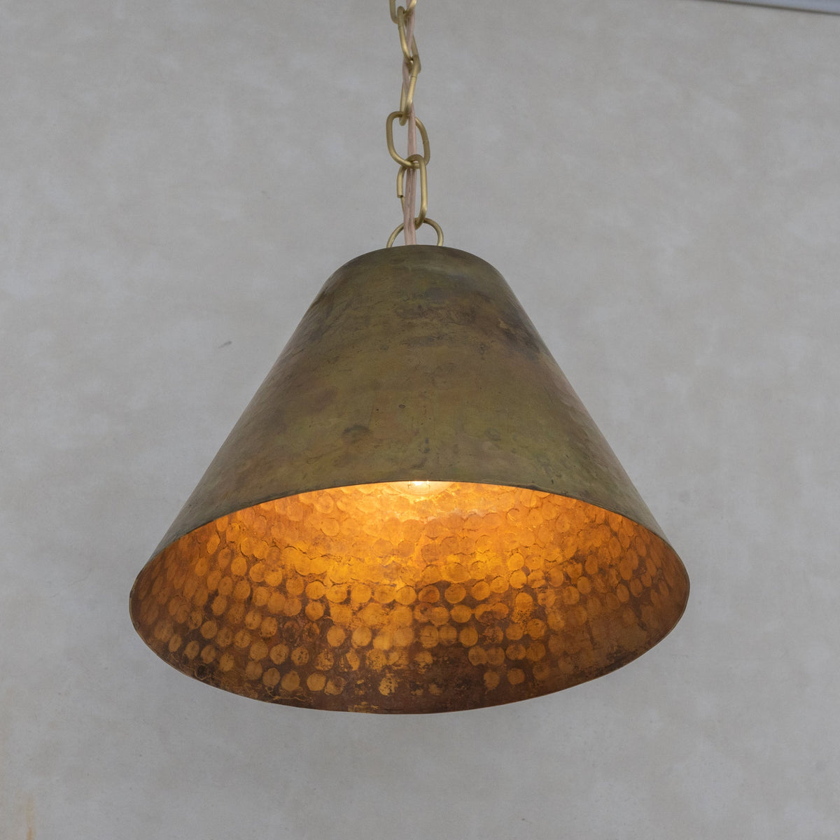 Aged Brass Cone Pendant Light - Industrial Hand - Hammered Tapered Lamp - Insideast