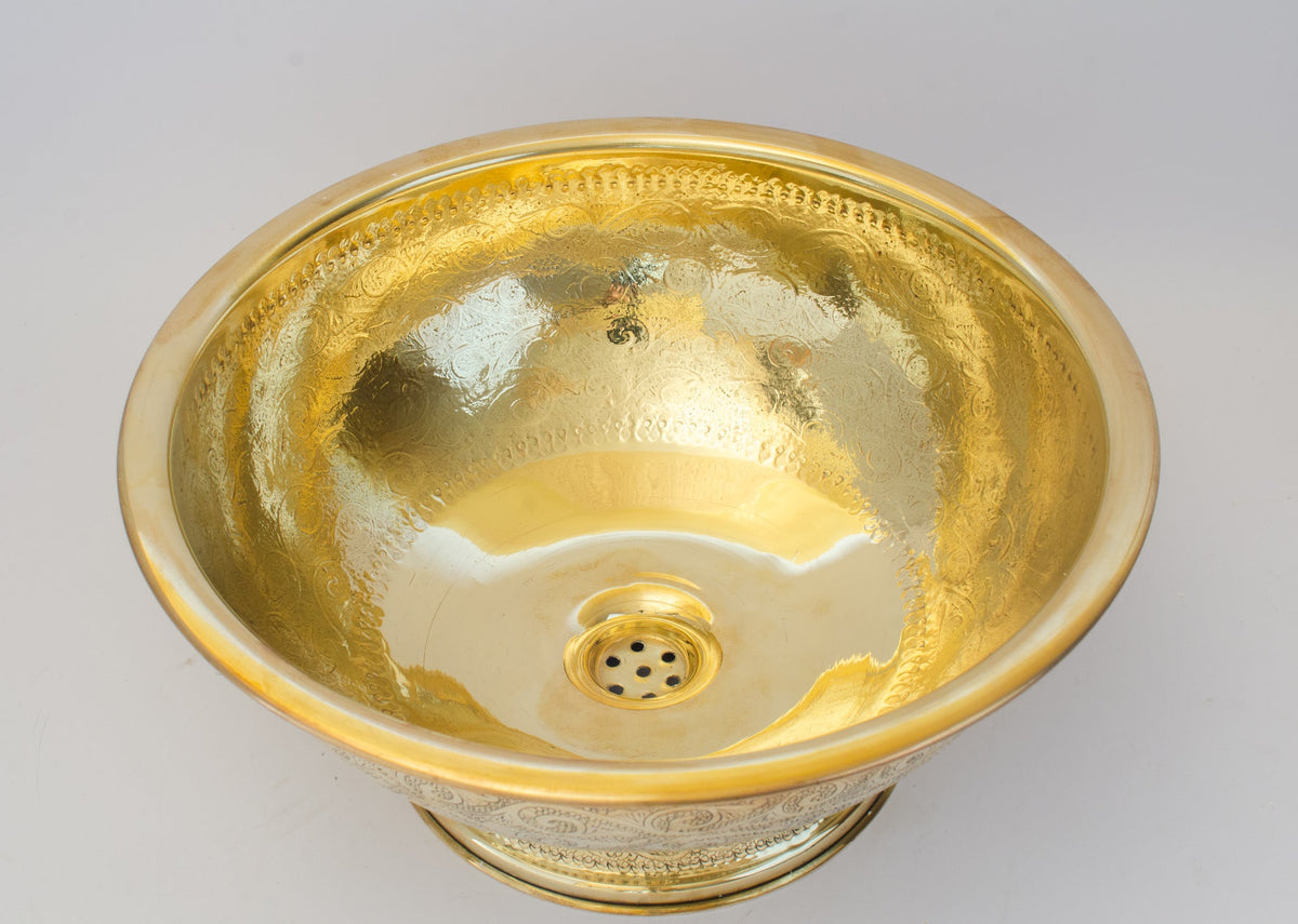 Antique Brass Bowl Vessel Sink Engraved Bathroom Vanity Basin, Gold Vintage Engraved Sink - Insideast