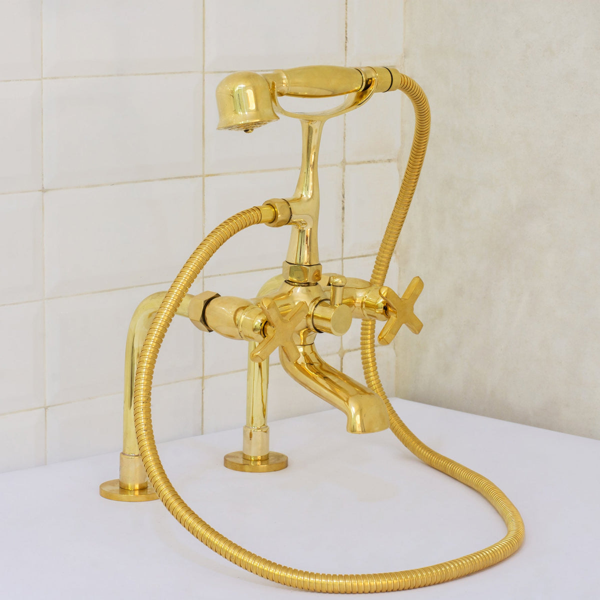 Brass Telephone Tub Filler With Handheld Shower, Deck Mount Tub Filler Handshower, Brass Tub Faucet, 3 - Handle Telephone Faucet - Insideast