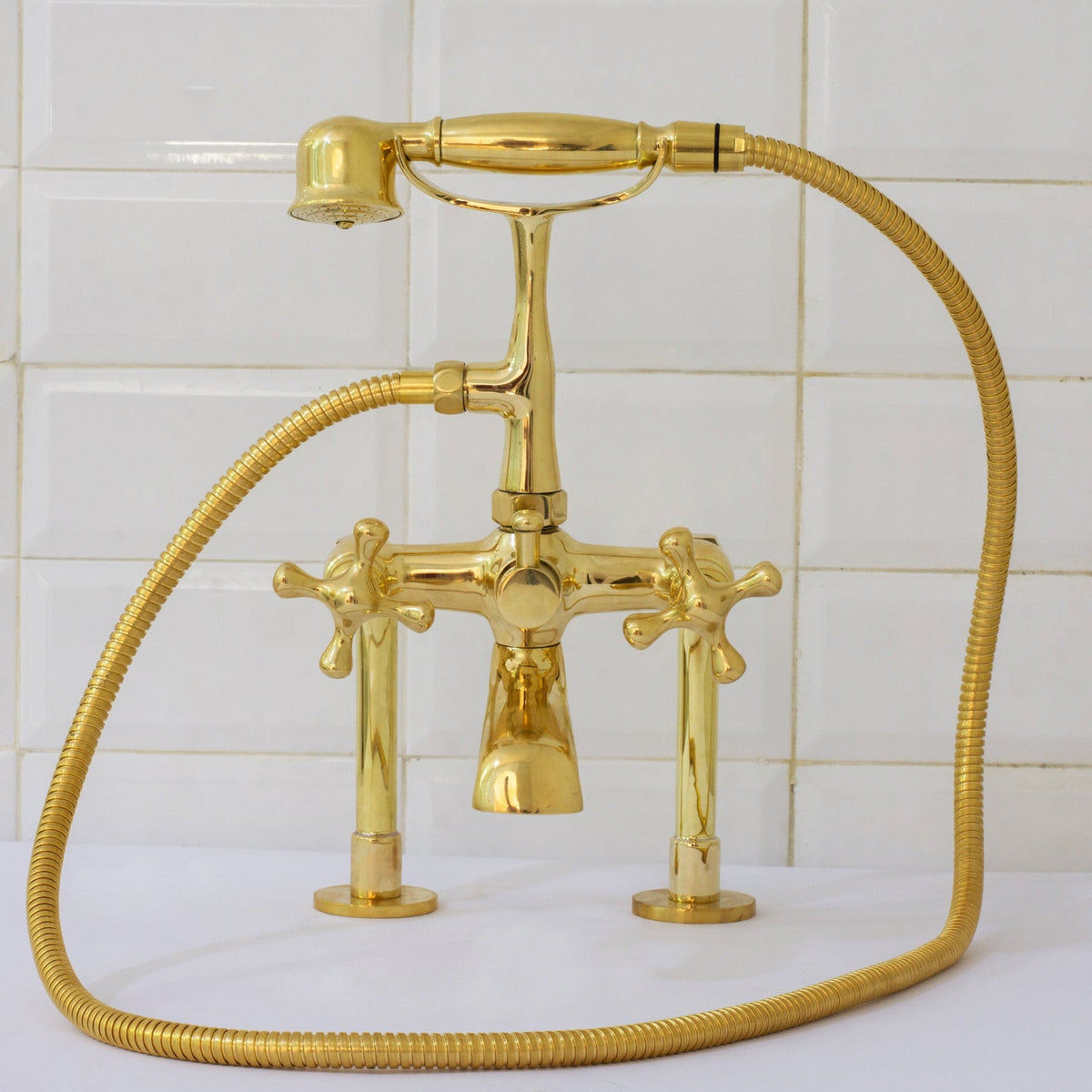 Brass Telephone Tub Filler With Handheld Shower, Deck Mount Tub Filler Handshower, Brass Tub Faucet, 3 - Handle Telephone Faucet - Insideast