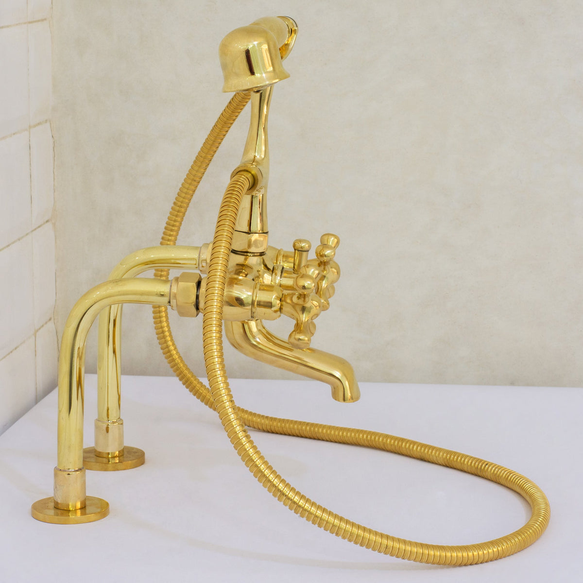 Brass Telephone Tub Filler With Handheld Shower, Deck Mount Tub Filler Handshower, Brass Tub Faucet, 3 - Handle Telephone Faucet - Insideast