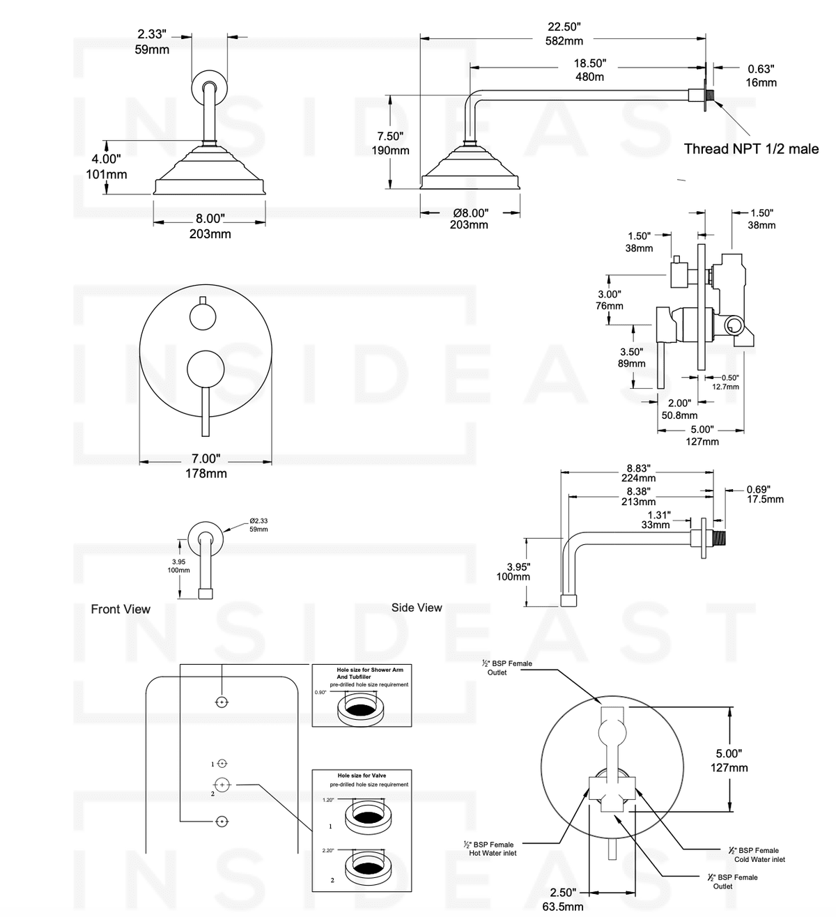 Built - in 2 outlet Brass Shower System - Head Shower System With Tub Filler - Insideast