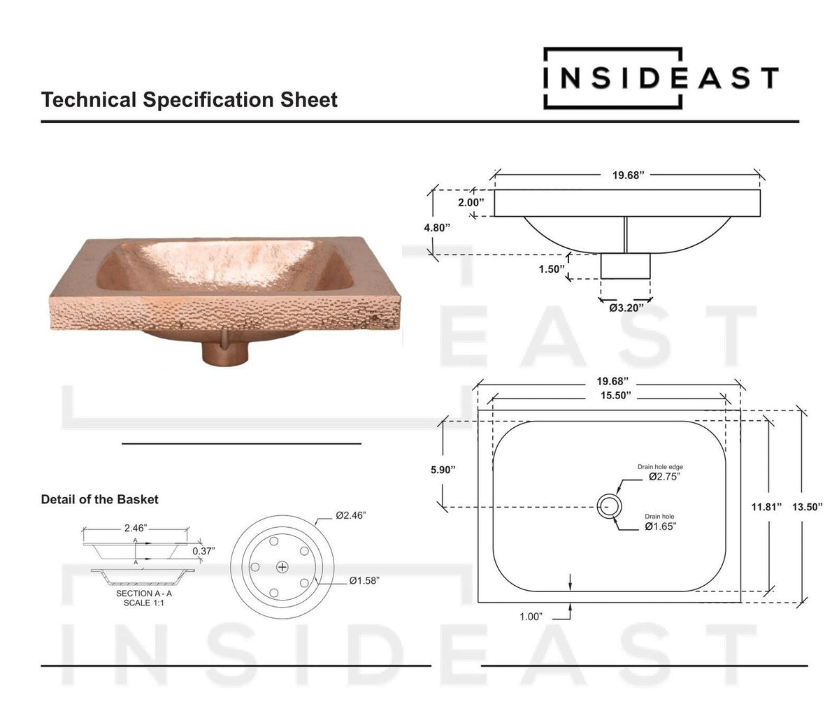 Customizable Raised Profile Bathroom Copper Sink, Hammered Copper Rectangular Sink, Vanity Sink Copper - Insideast
