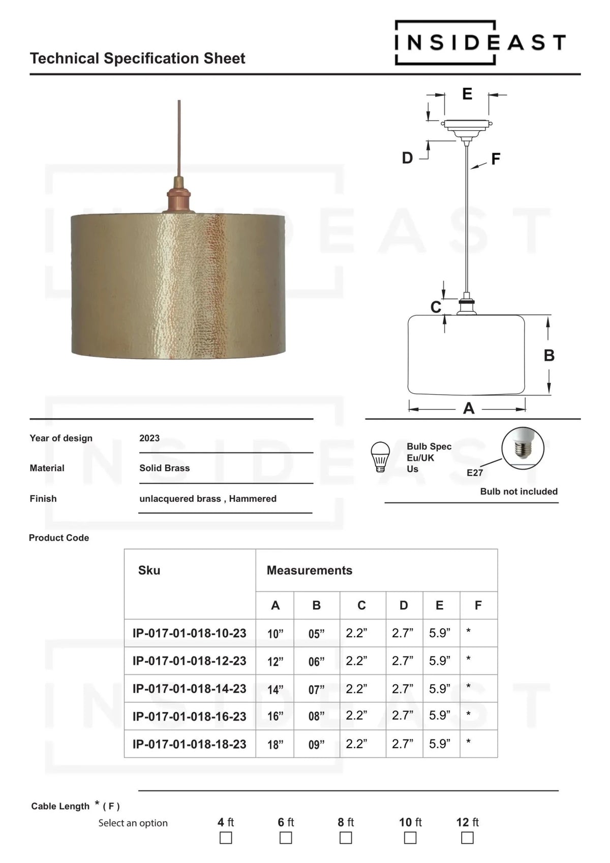 Hammered Brass Cylinder Pendant Light, Unlacquered Brass Pendant Light - Insideast