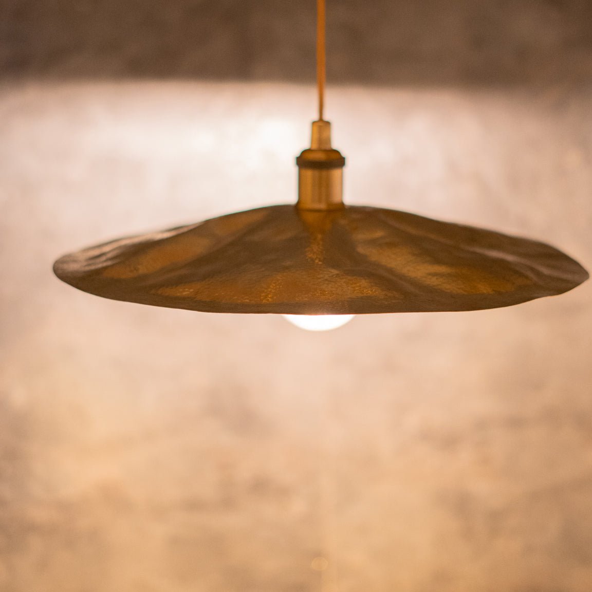 Hammered Brass Flat Disc Pendant Light, Brass Plate Lampshade, Flat Circle Shade - Insideast