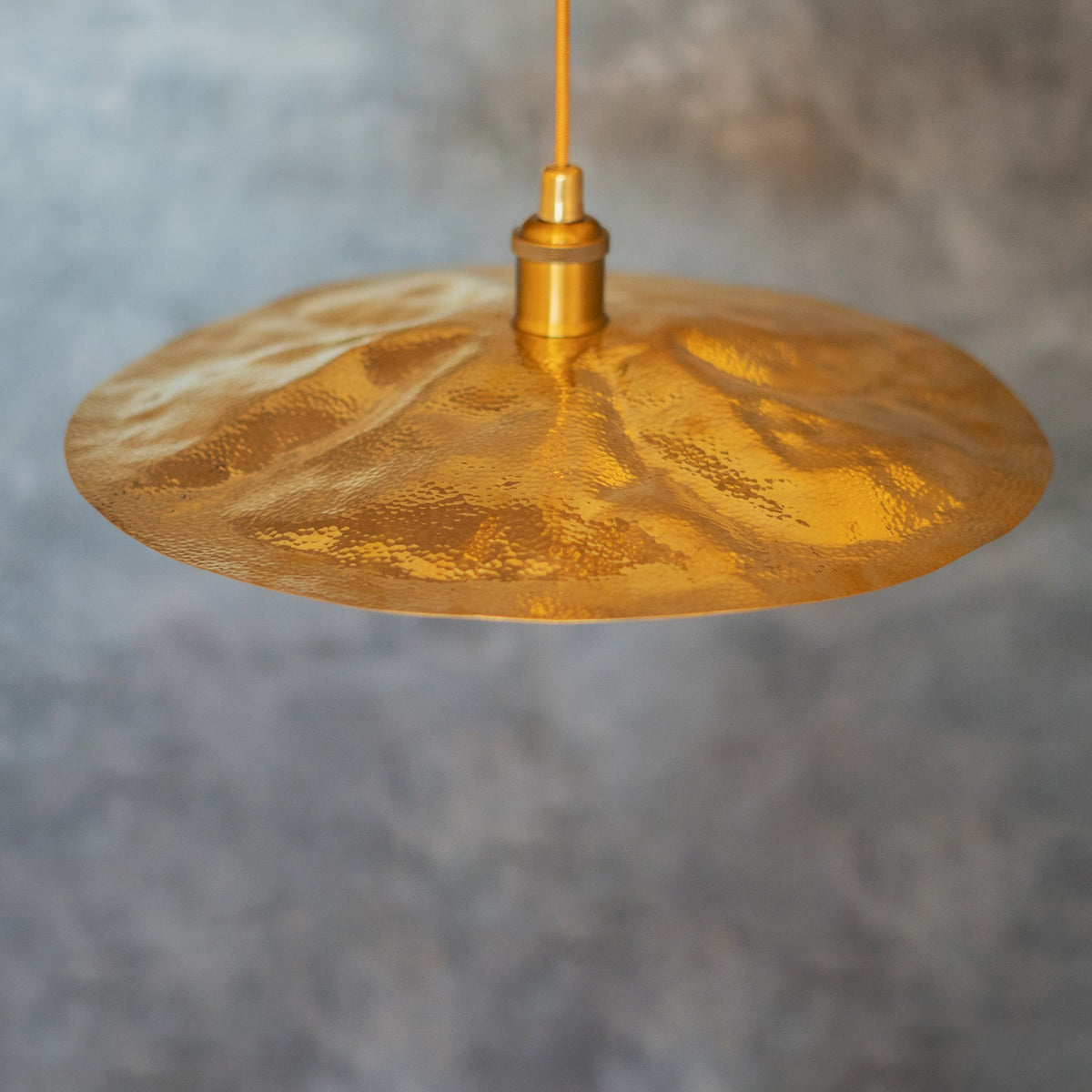 Hammered Brass Flat Disc Pendant Light, Brass Plate Lampshade, Flat Circle Shade - Insideast