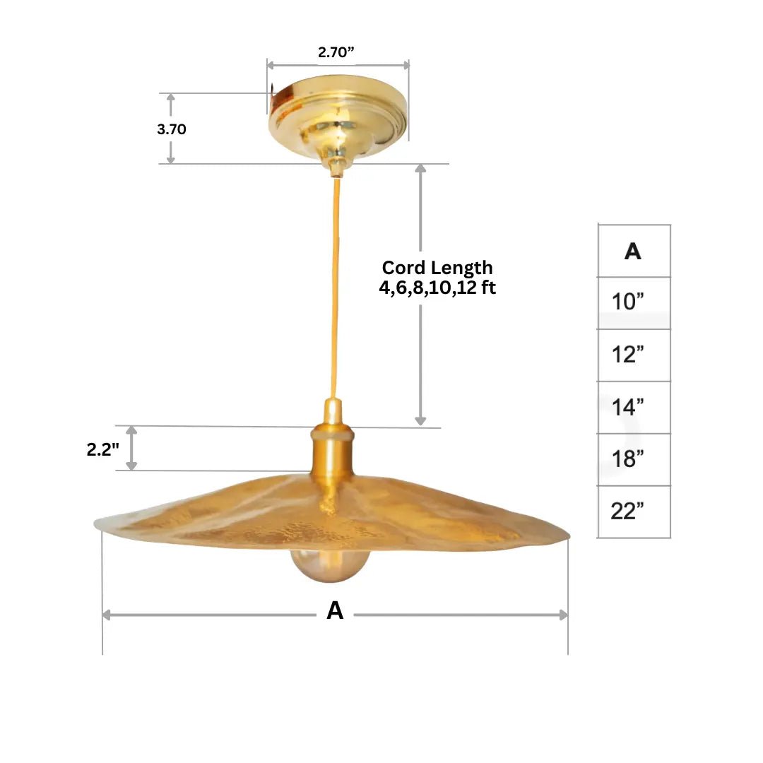 Hammered Brass Flat Disc Pendant Light, Brass Plate Lampshade, Flat Circle Shade - Insideast