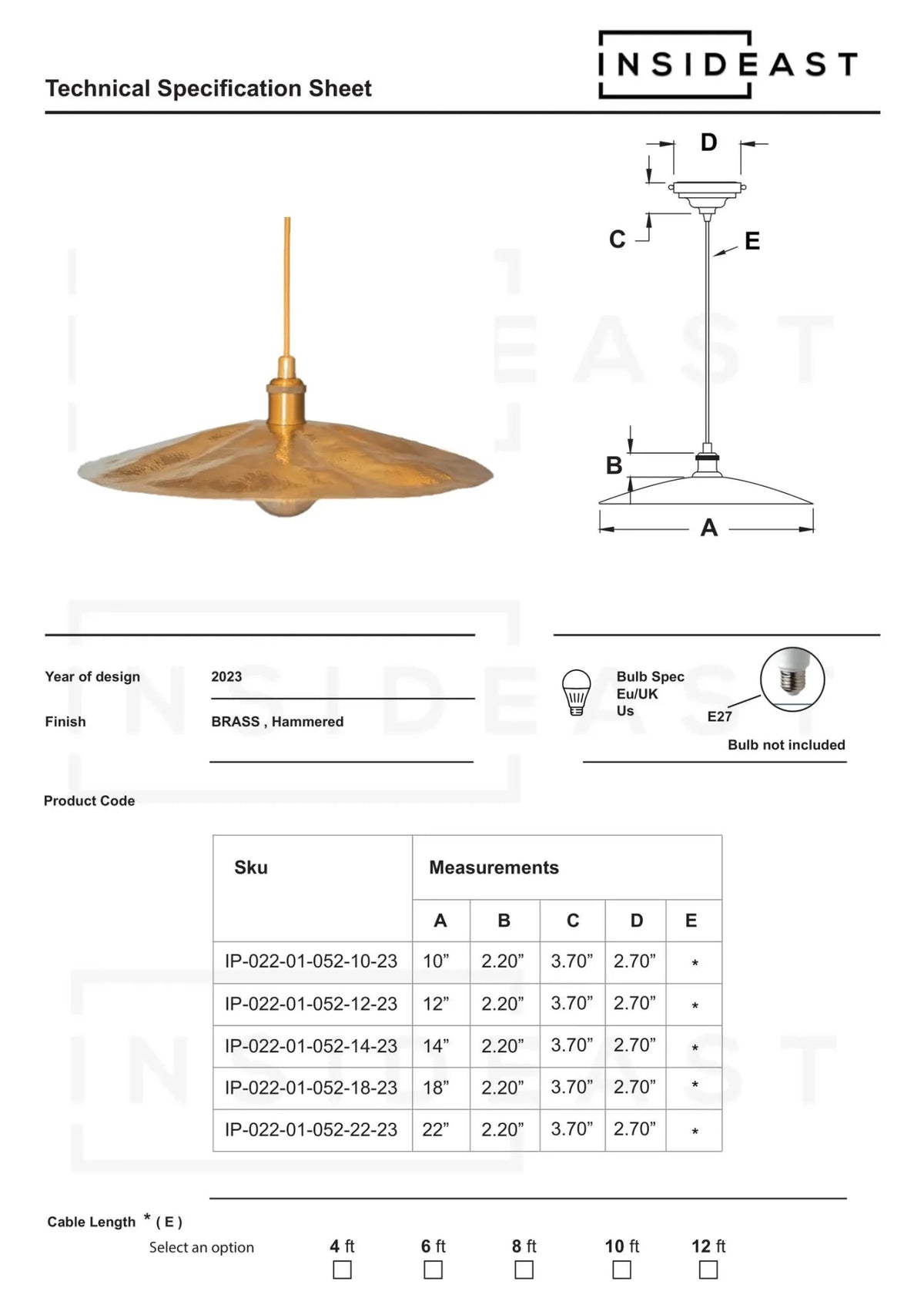 Hammered Brass Flat Disc Pendant Light, Brass Plate Lampshade, Flat Circle Shade - Insideast