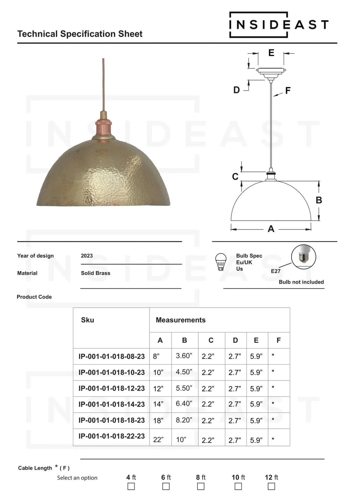 Hammered Brass Pendant Light, Unlacquered Brass Dome Lampshade, Kitchen Island Light - Insideast