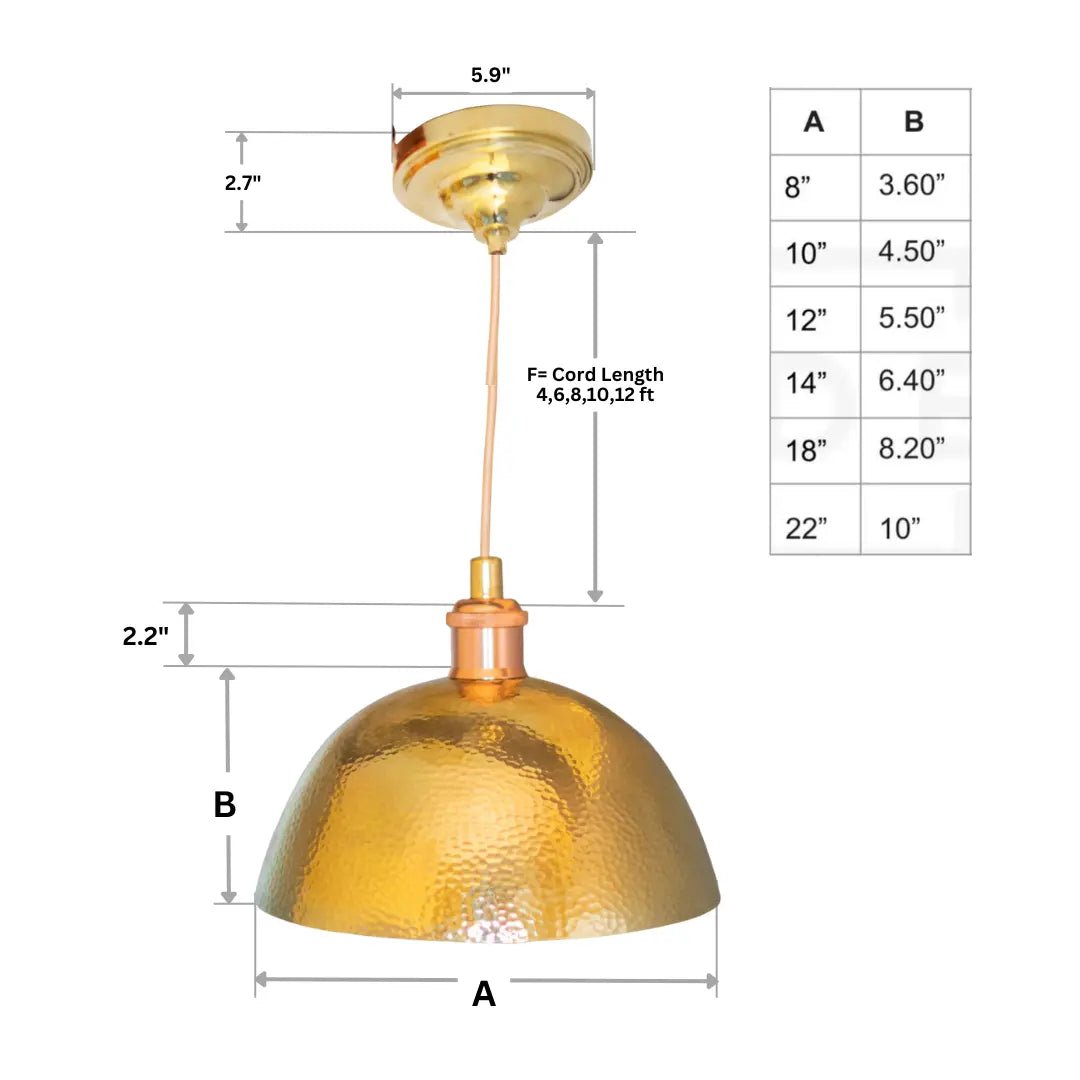 Hammered Brass Pendant Light, Unlacquered Brass Dome Lampshade, Kitchen Island Light - Insideast