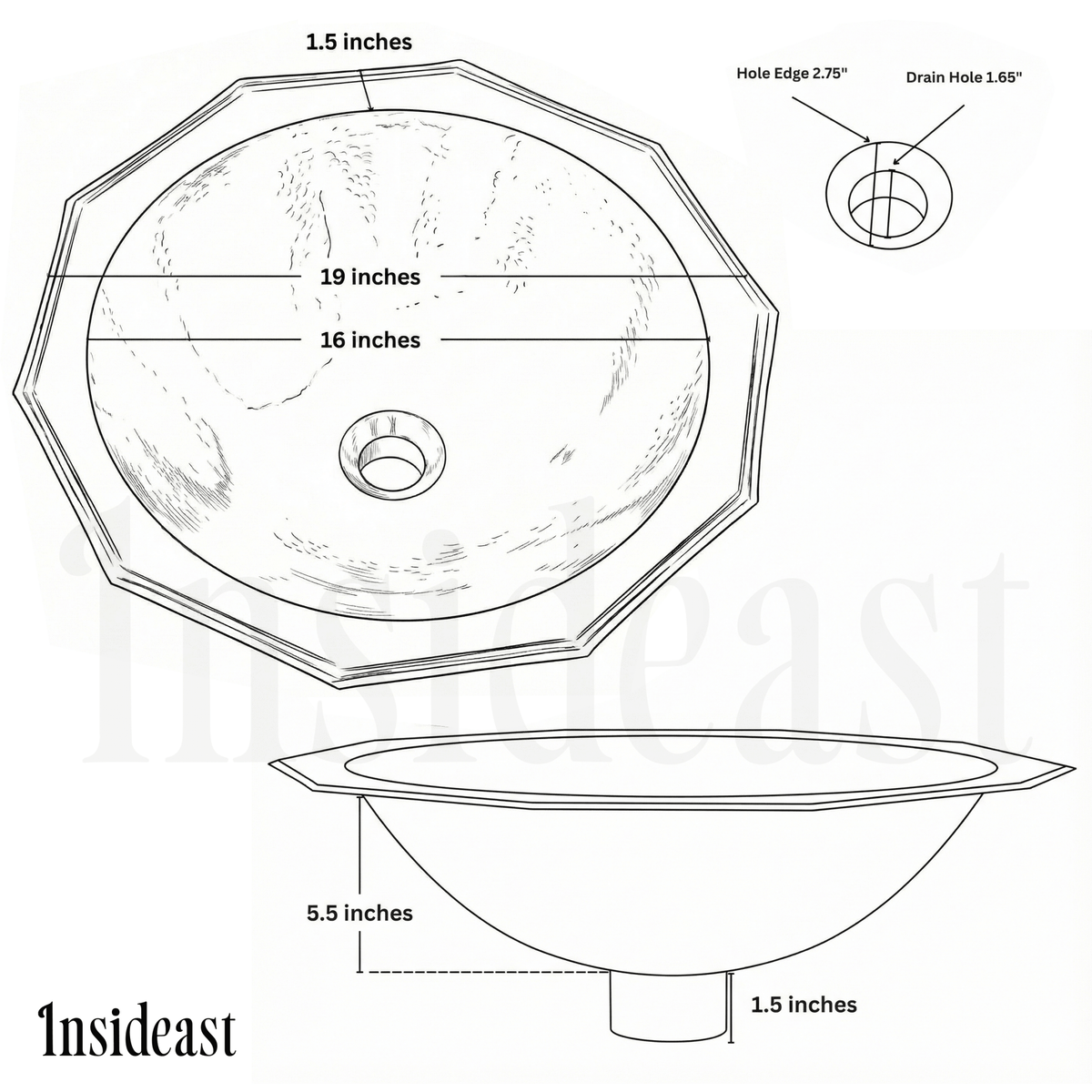 Handcrafted Decagon Solid Brass Hammered Sink | Drop - In - Insideast