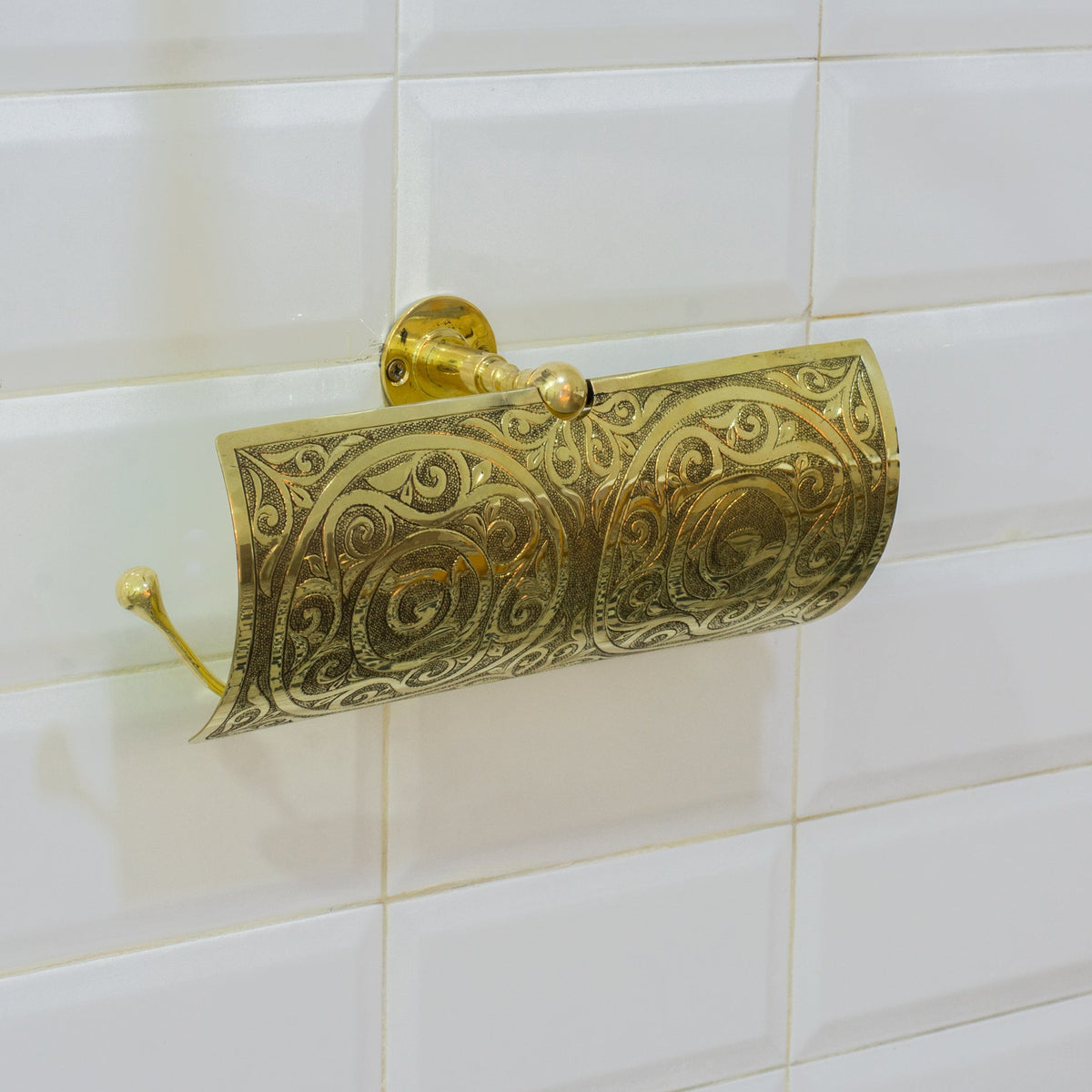 Handcrafted Unlacquered Brass Double Toilet Paper Holder | Engraved Sliding Cover - Insideast