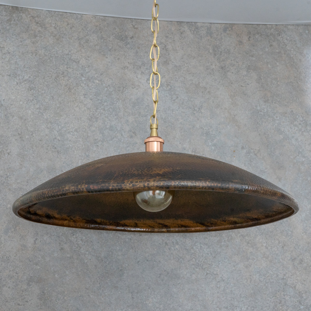 Handcrafted Wide Saucer Pendant Light | Wide Hammered Rustic Copper - Insideast