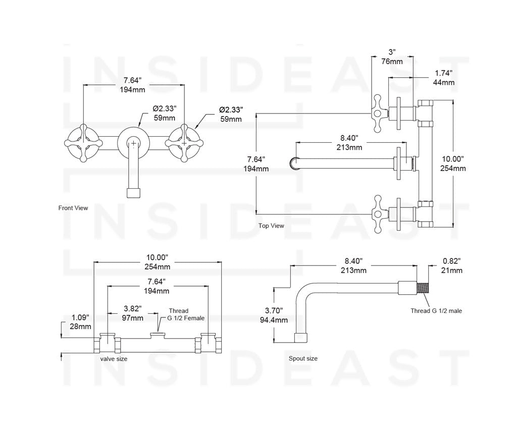 Heritage - Unlacquered Brass 3 Holes Bath Wall Mount Faucet - Insideast