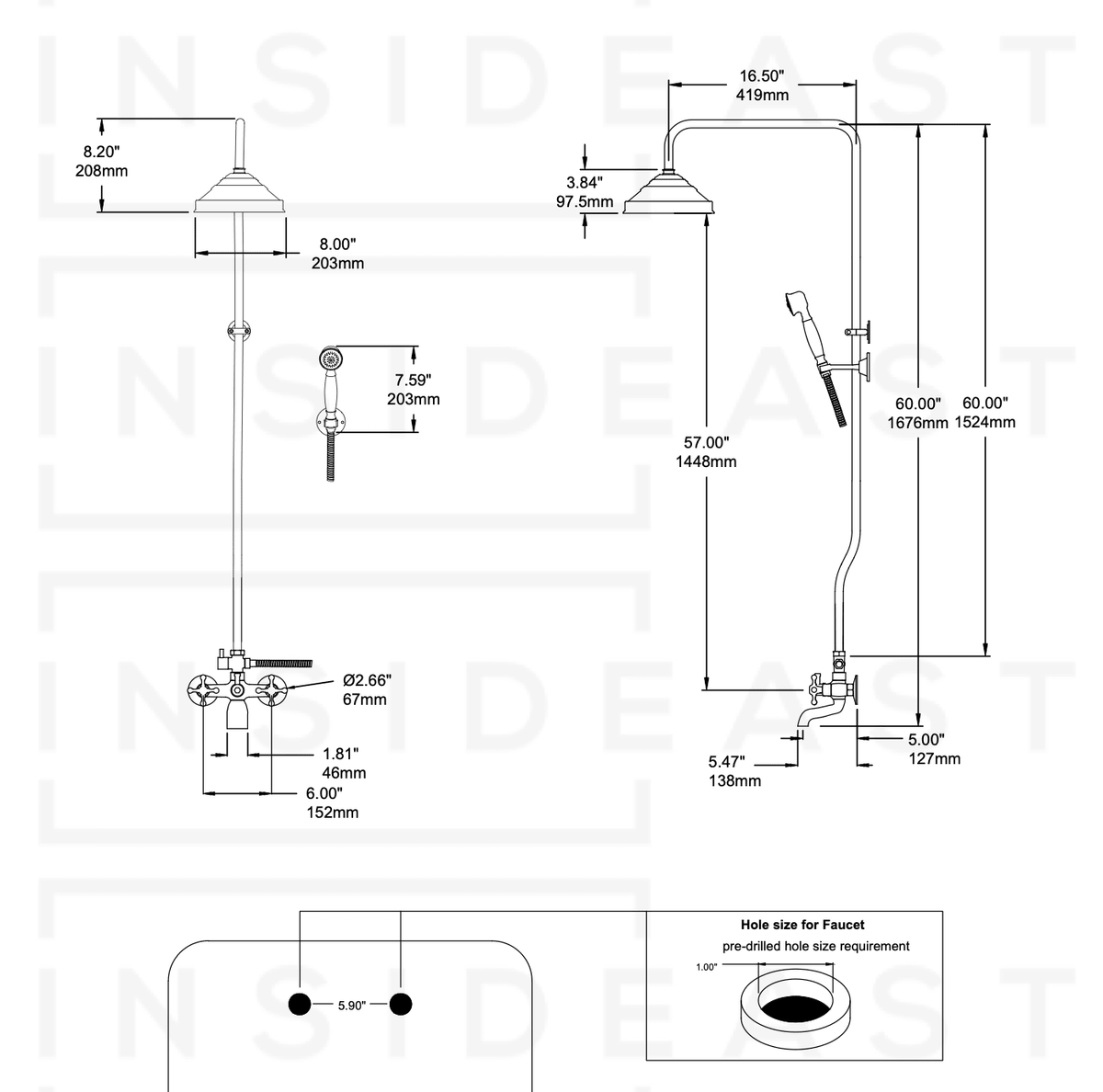 Heritage - Unlacquered Brass Exposed Shower System With Tub Filler - Insideast