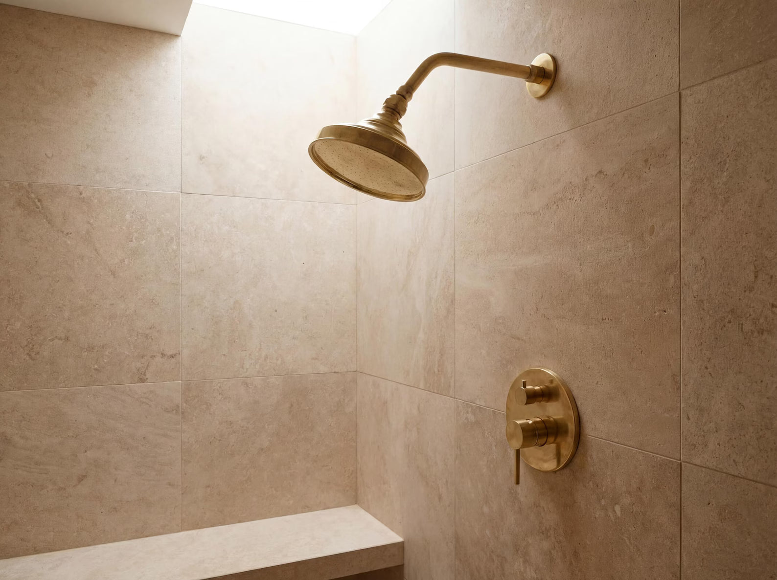 Built-in brass shower system in a modern bathroom