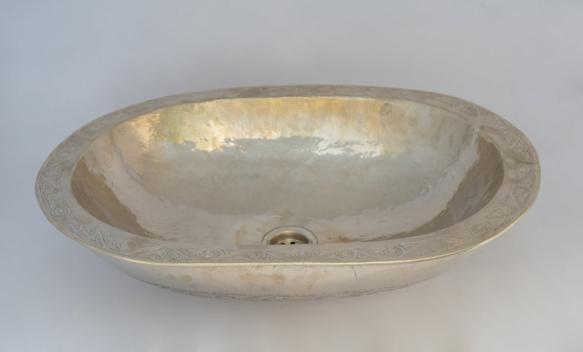 Oval Silver Bathroom Sink – German Silver Vessel Sink – Countertop Washbasin for Powder Room - Insideast