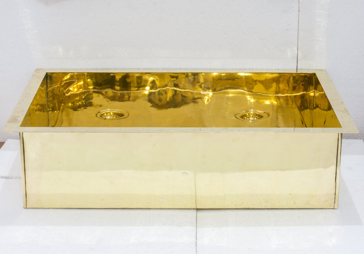 Smooth Unlacquered Brass Farmhouse Kitchen Sink | Double Drain - Insideast