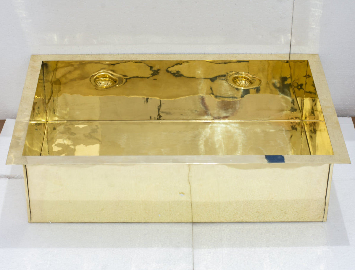 Smooth Unlacquered Brass Farmhouse Kitchen Sink | Double Drain - Insideast