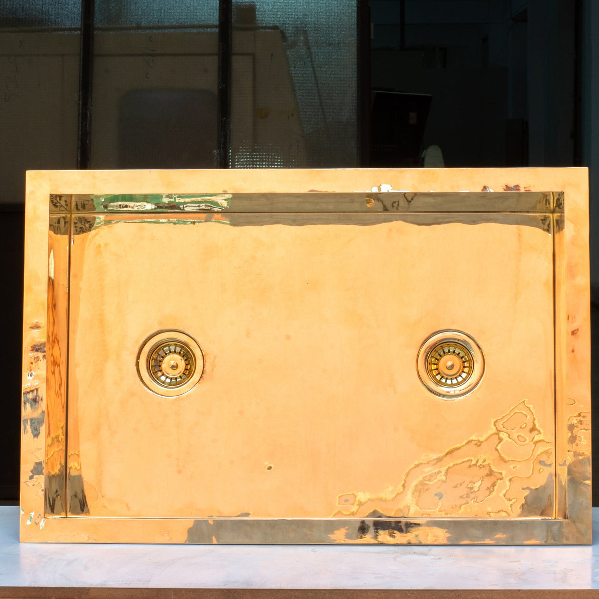 Smooth Unlacquered Brass Farmhouse Kitchen Sink | Double Drain - Insideast