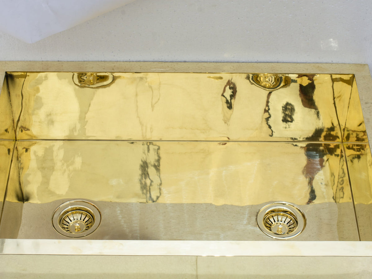 Smooth Unlacquered Brass Farmhouse Kitchen Sink | Double Drain - Insideast
