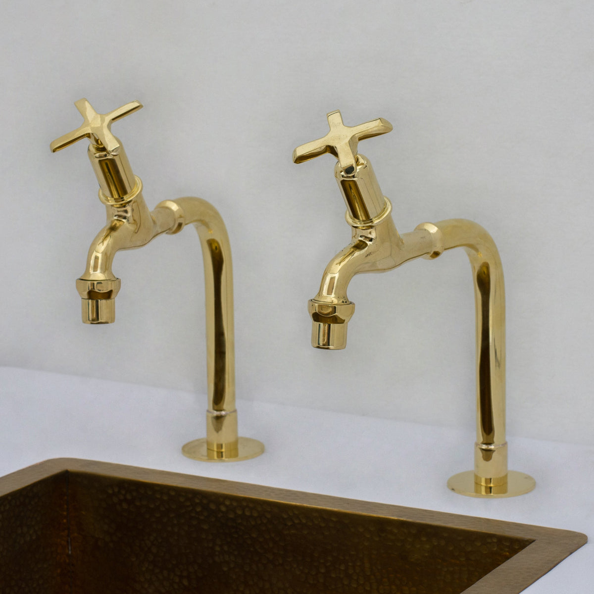 Solid Brass Deck - Mount Kitchen Bib Taps – Double Pillar Faucet Set for Hot & Cold Water - Insideast