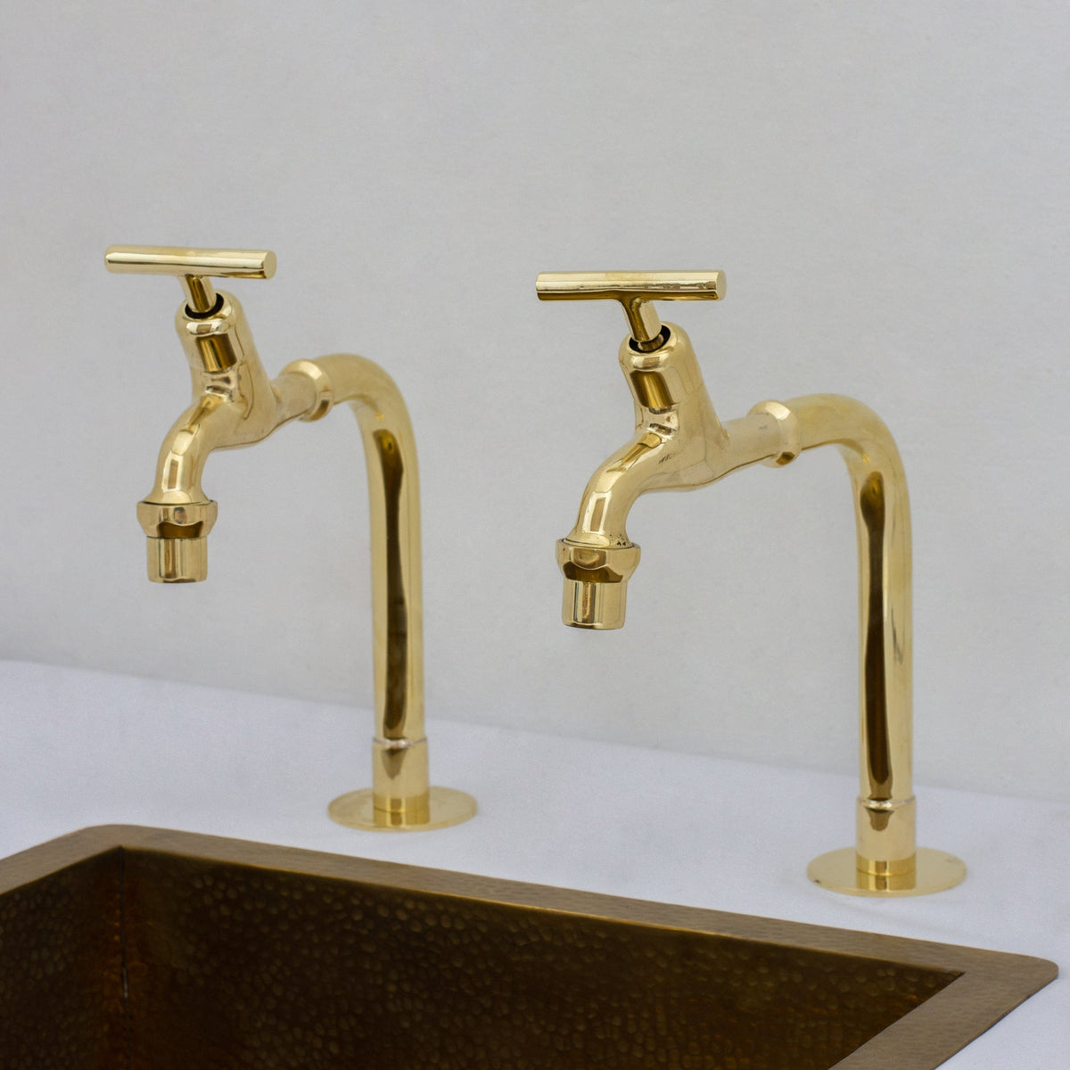 Solid Brass Deck - Mount Kitchen Bib Taps – Double Pillar Faucet Set for Hot & Cold Water - Insideast