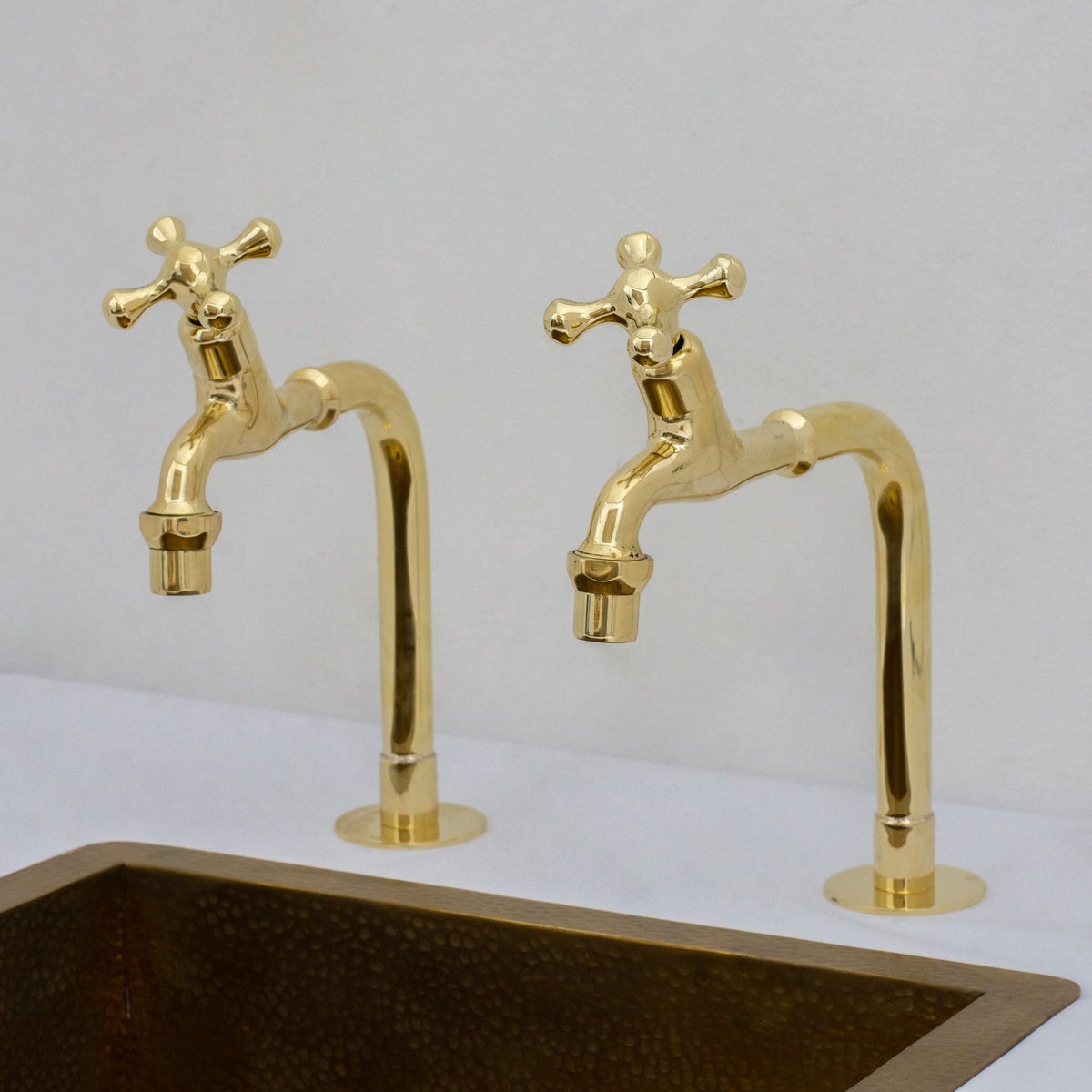 Solid Brass Deck - Mount Kitchen Bib Taps – Double Pillar Faucet Set for Hot & Cold Water - Insideast