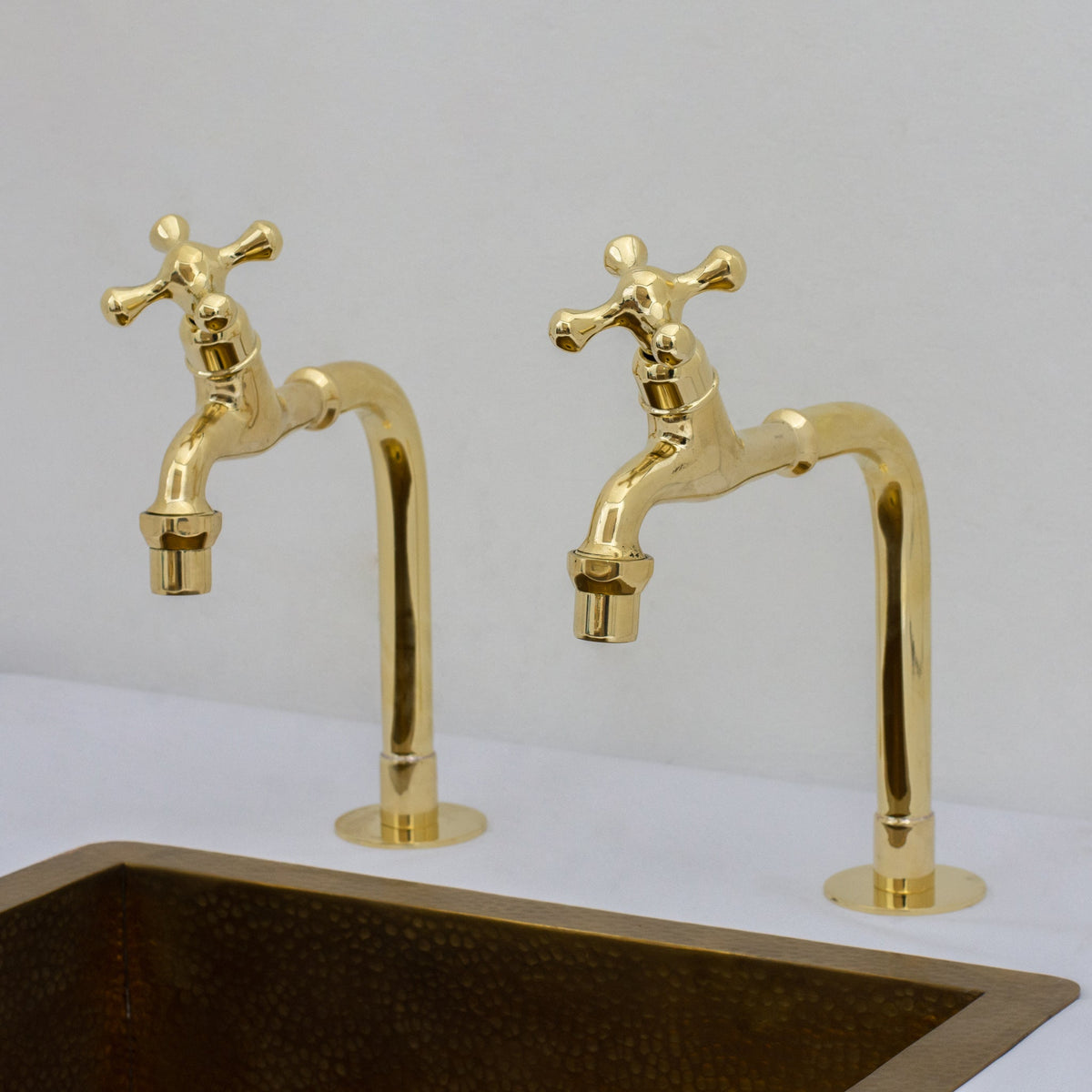 Solid Brass Deck - Mount Kitchen Bib Taps – Double Pillar Faucet Set for Hot & Cold Water - Insideast