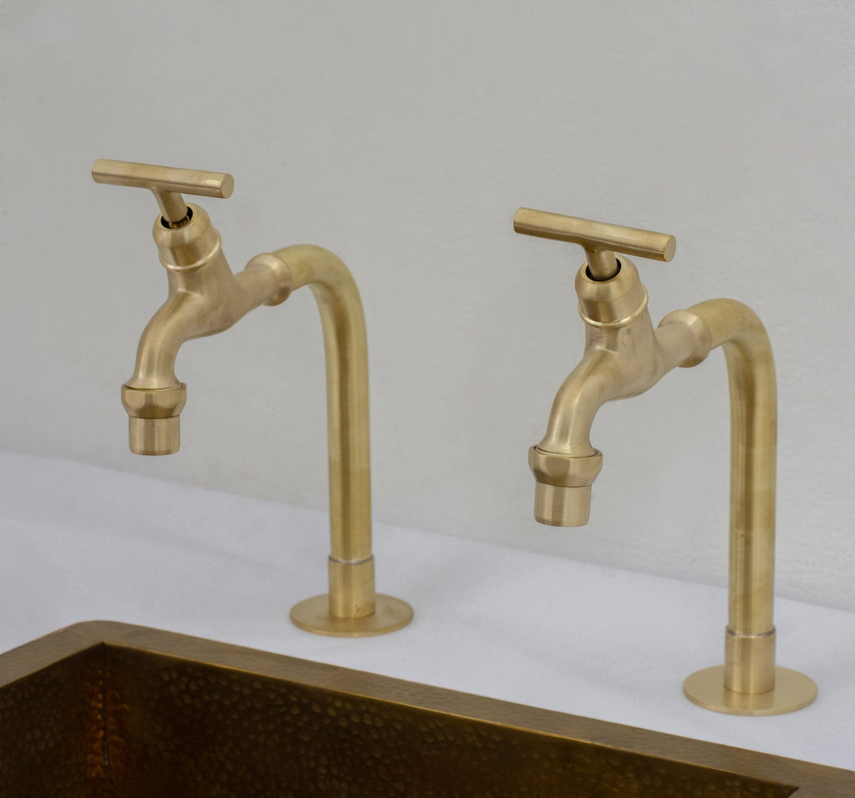 Solid Brass Deck - Mount Kitchen Bib Taps – Double Pillar Faucet Set for Hot & Cold Water - Insideast