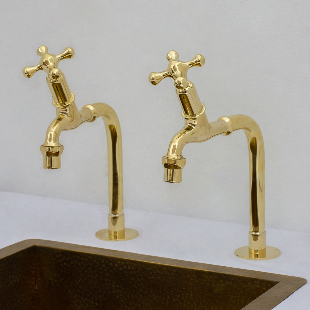 Solid Brass Deck - Mount Kitchen Bib Taps – Double Pillar Faucet Set for Hot & Cold Water - Insideast