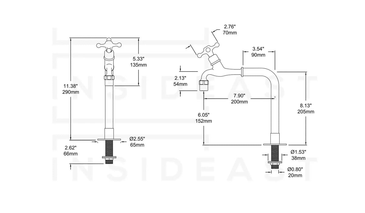 Solid Brass Deck - Mount Kitchen Bib Taps – Double Pillar Faucet Set for Hot & Cold Water - Insideast