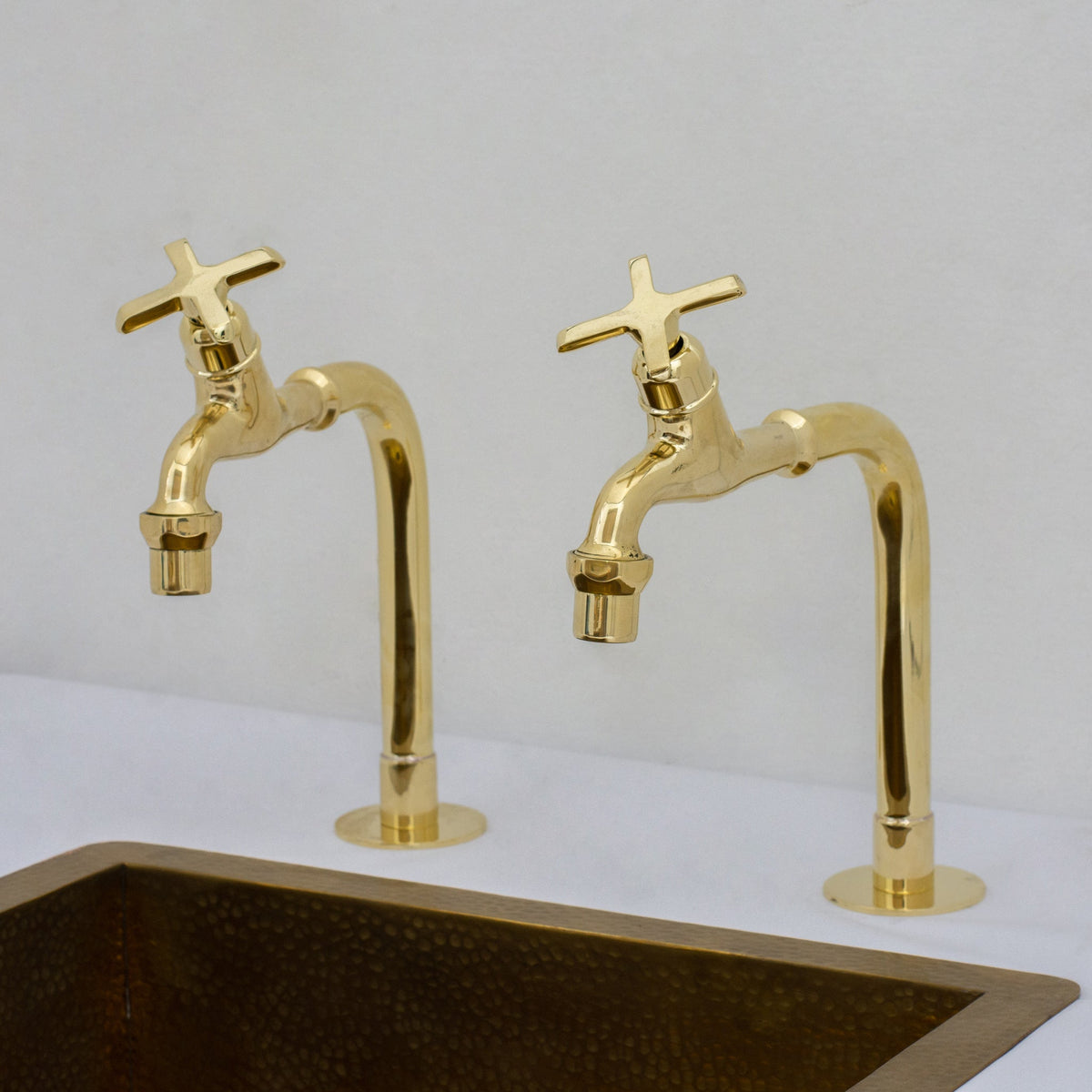 Solid Brass Deck - Mount Kitchen Bib Taps – Double Pillar Faucet Set for Hot & Cold Water - Insideast