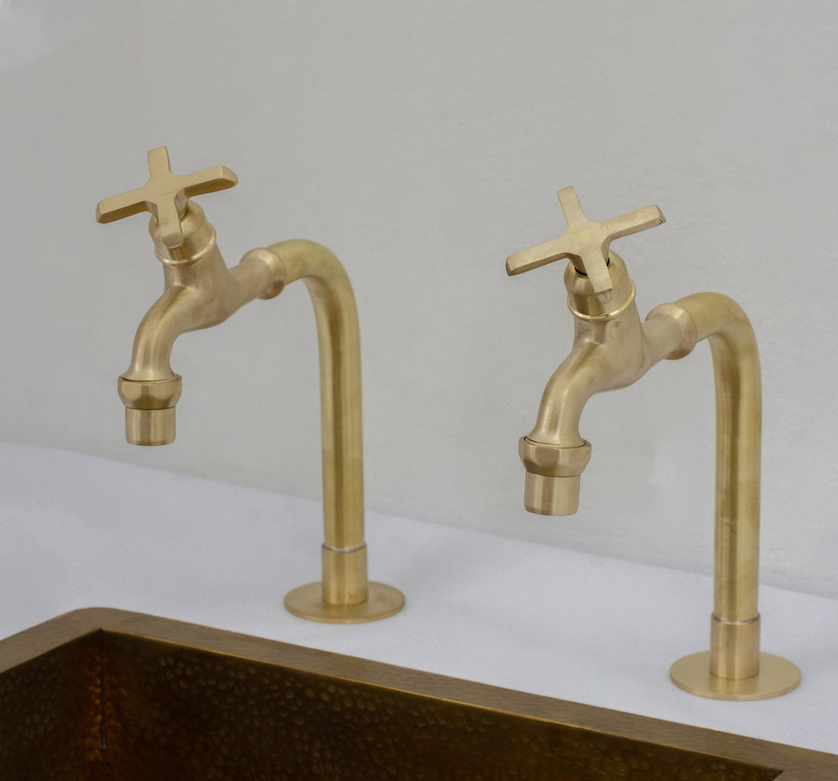 Solid Brass Deck - Mount Kitchen Bib Taps – Double Pillar Faucet Set for Hot & Cold Water - Insideast