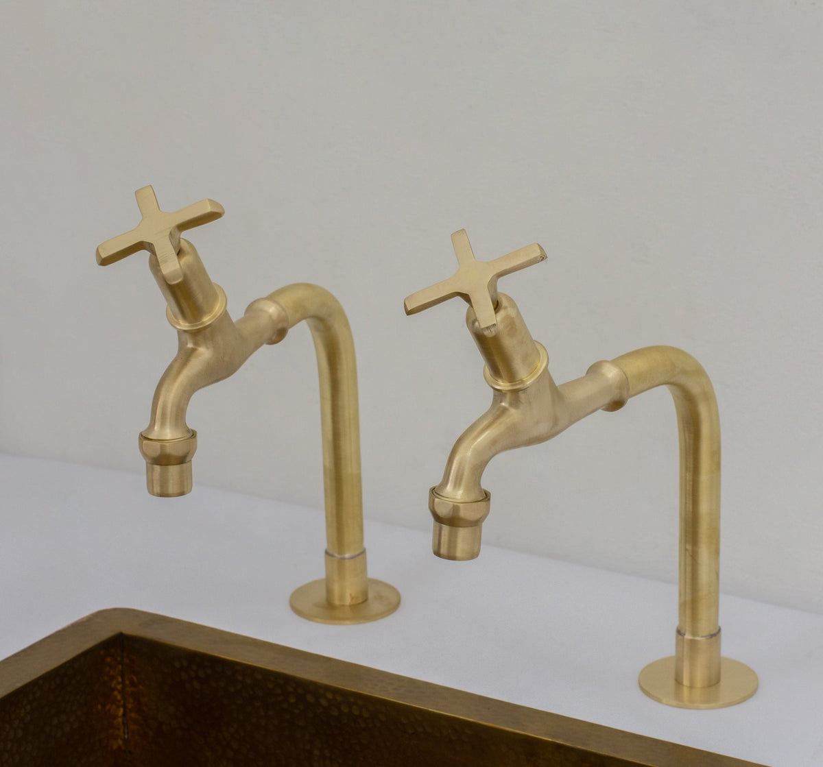 Solid Brass Deck - Mount Kitchen Bib Taps – Double Pillar Faucet Set for Hot & Cold Water - Insideast