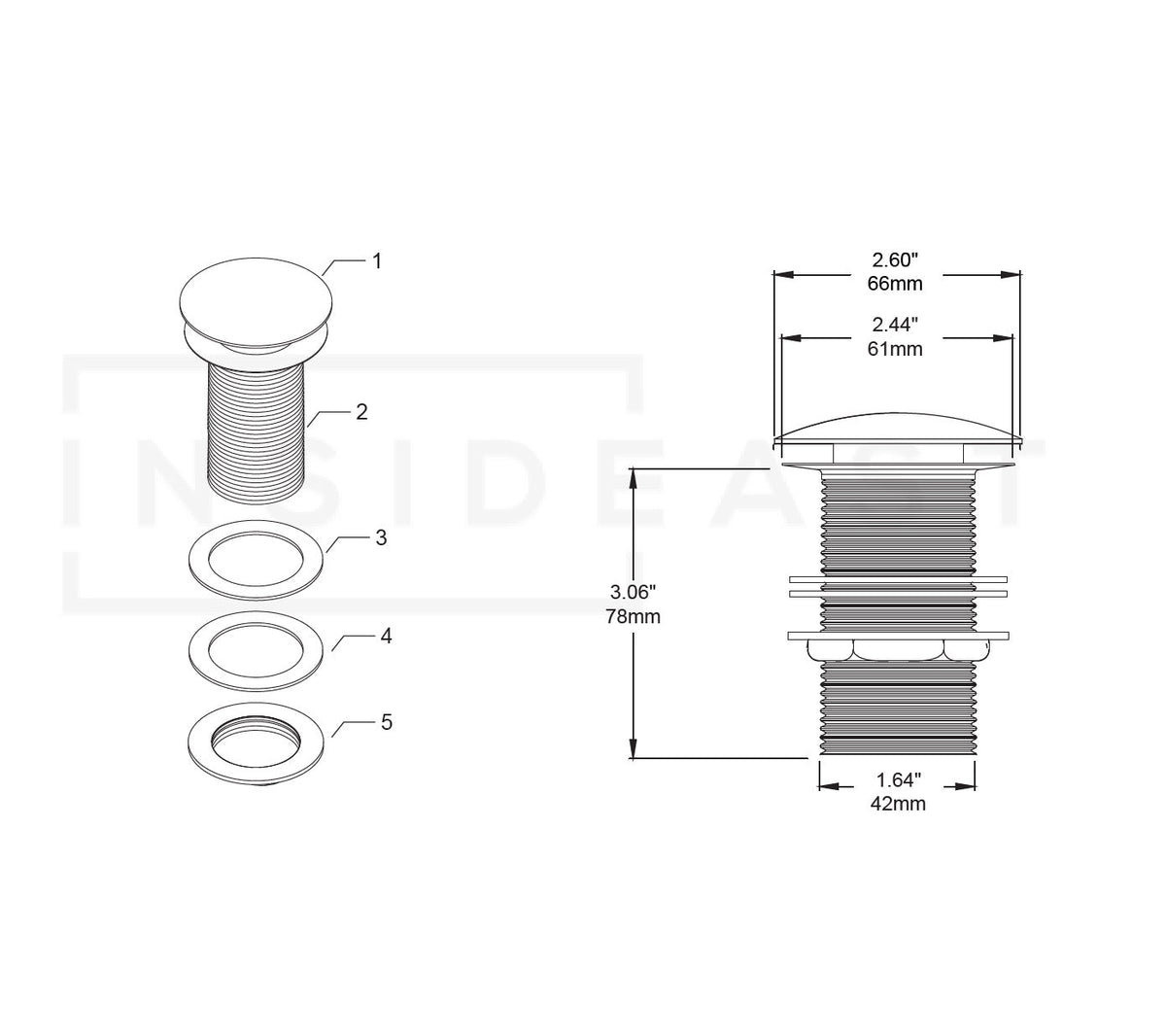 Solid Brass Drain, Push Up Button - Insideast