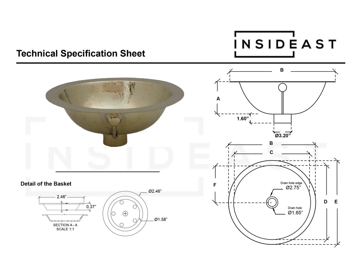 Solid Brass Hammered Sink, Bathroom Sink, Powder Room Sink, Handmade Undermount Sink - Insideast