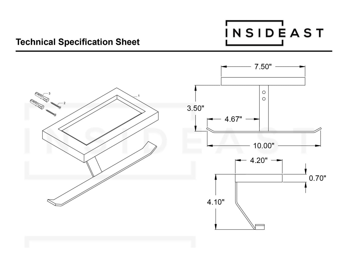 Solid Brass Shelf with TP Holder – Engraved Floating Shelf with Double Hooks – Bathroom Double Toilet Paper Holder - Insideast