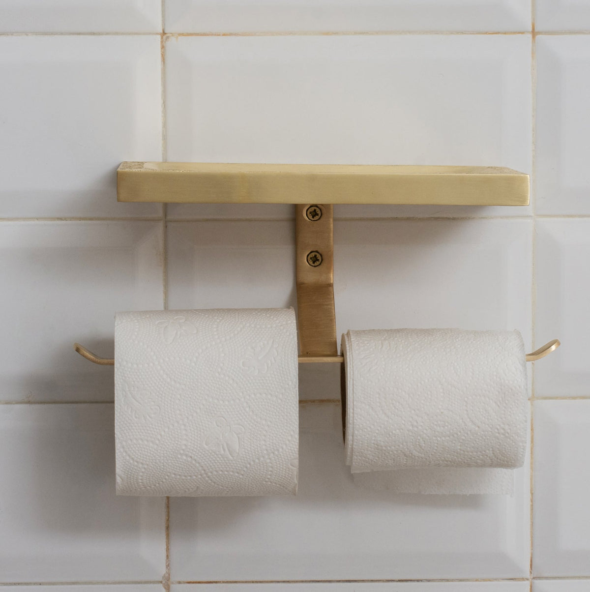 Solid Brass Shelf with TP Holder – Engraved Floating Shelf with Double Hooks – Bathroom Double Toilet Paper Holder - Insideast