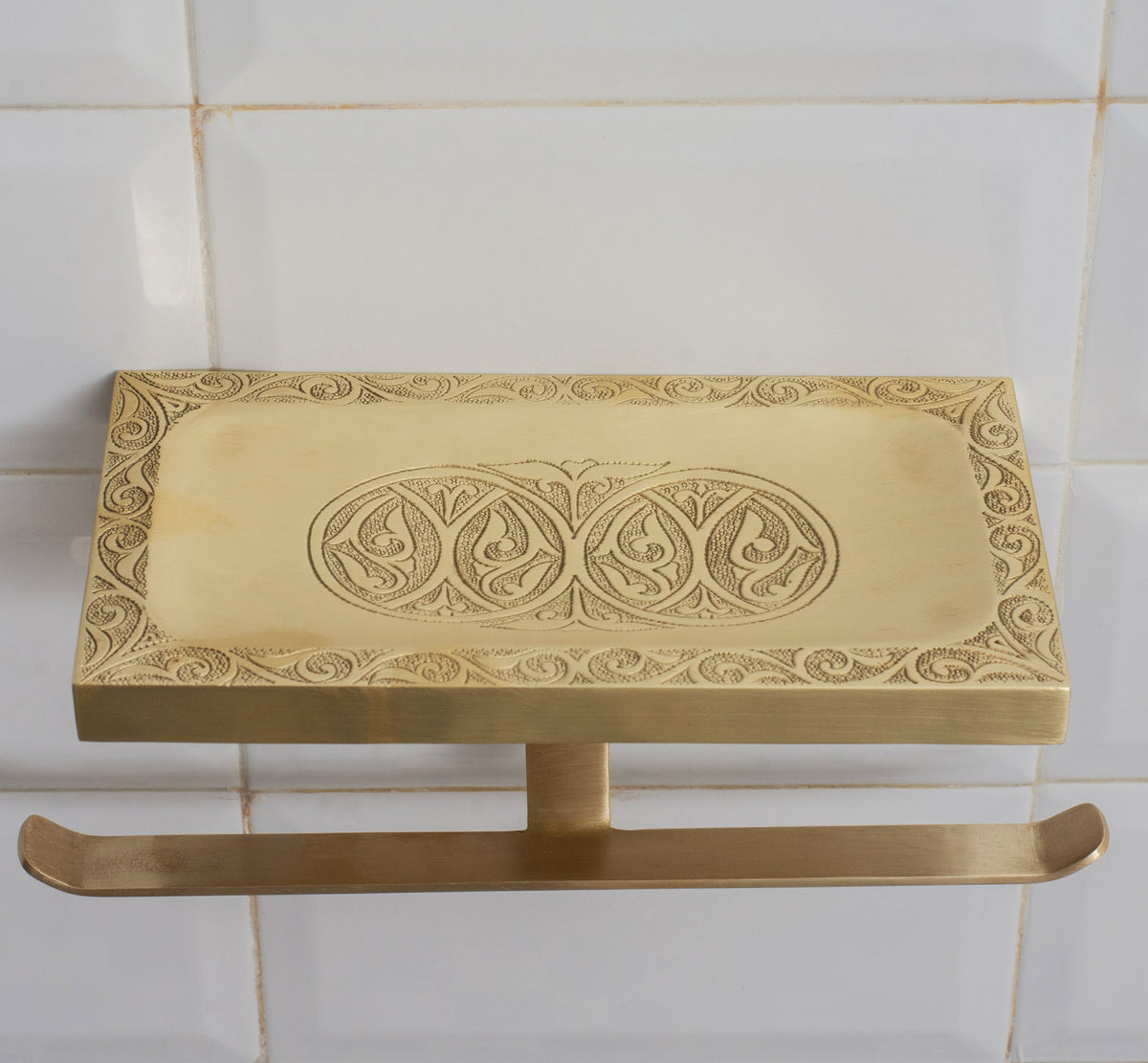 Solid Brass Shelf with TP Holder – Engraved Floating Shelf with Double Hooks – Bathroom Double Toilet Paper Holder - Insideast