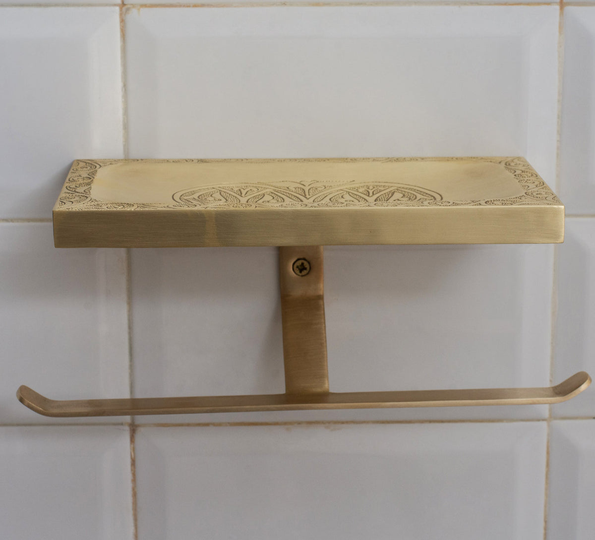 Solid Brass Shelf with TP Holder – Engraved Floating Shelf with Double Hooks – Bathroom Double Toilet Paper Holder - Insideast
