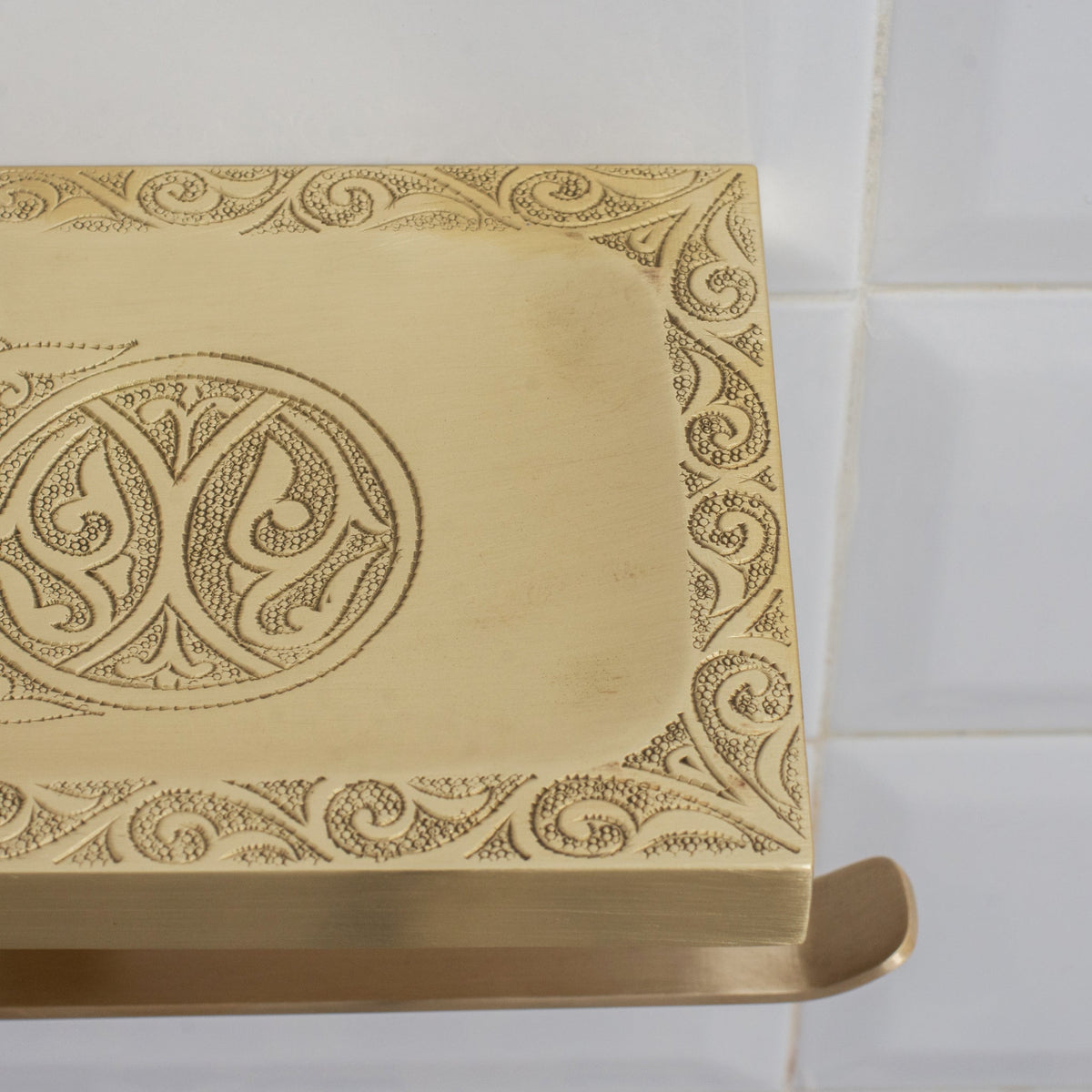 Solid Brass Shelf with TP Holder – Engraved Floating Shelf with Double Hooks – Bathroom Double Toilet Paper Holder - Insideast
