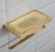 Solid Brass Shelf with TP Holder – Engraved Floating Shelf with Double Hooks – Bathroom Double Toilet Paper Holder - Insideast