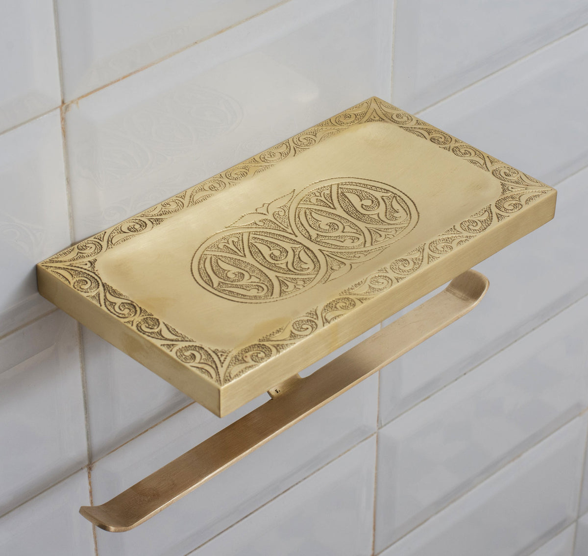 Solid Brass Shelf with TP Holder – Engraved Floating Shelf with Double Hooks – Bathroom Double Toilet Paper Holder - Insideast