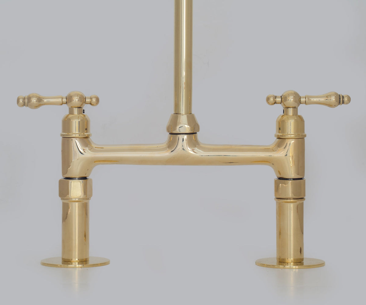 Traditional 8″ Brass Bridge Kitchen Faucet with Square Spout | Two Handles - Insideast
