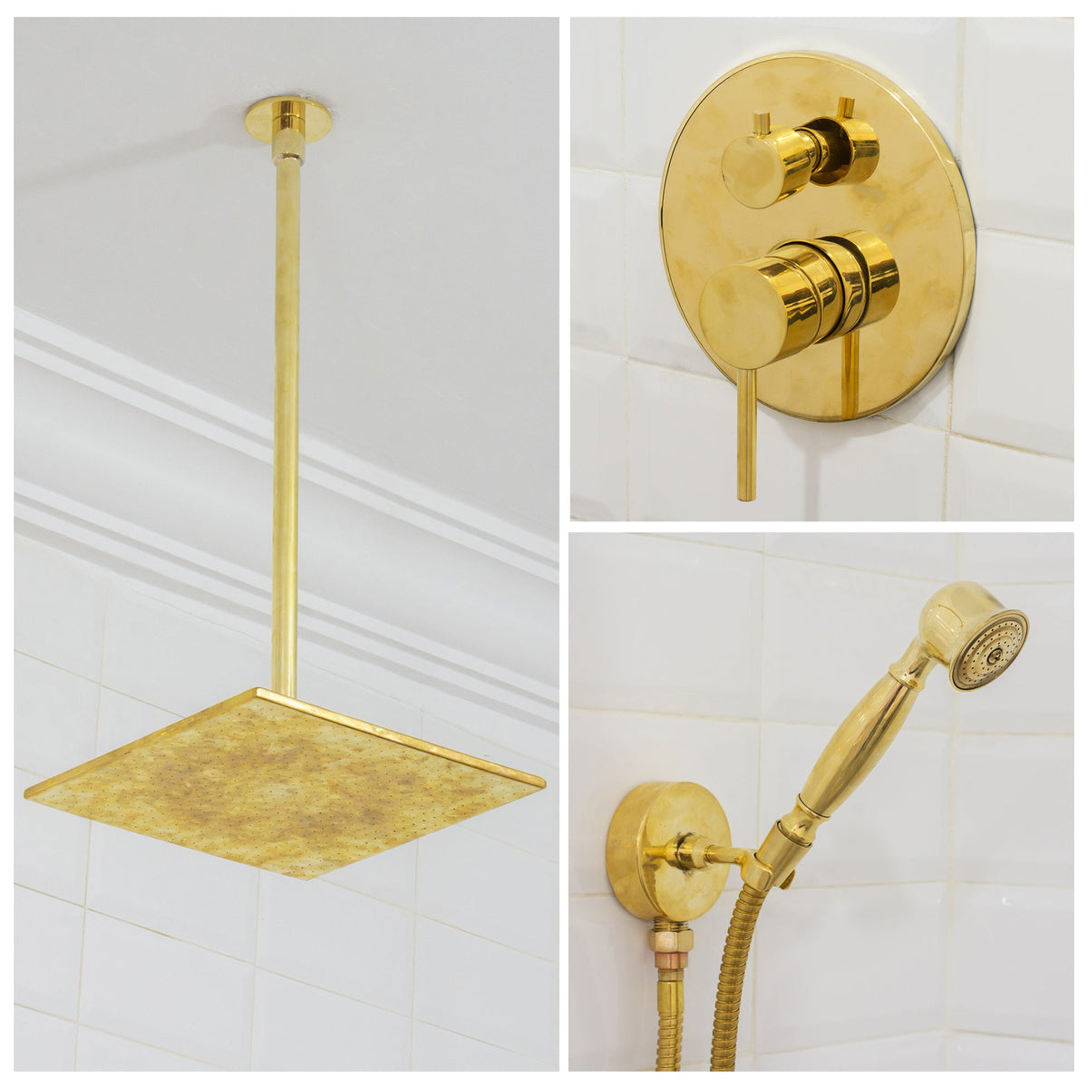 Unlacquered Brass 2 - Outlet Shower, Ceiling Shower System, Overhead Shower With Handheld, Ceiling Mount Showerhead And Hand Shower - Insideast