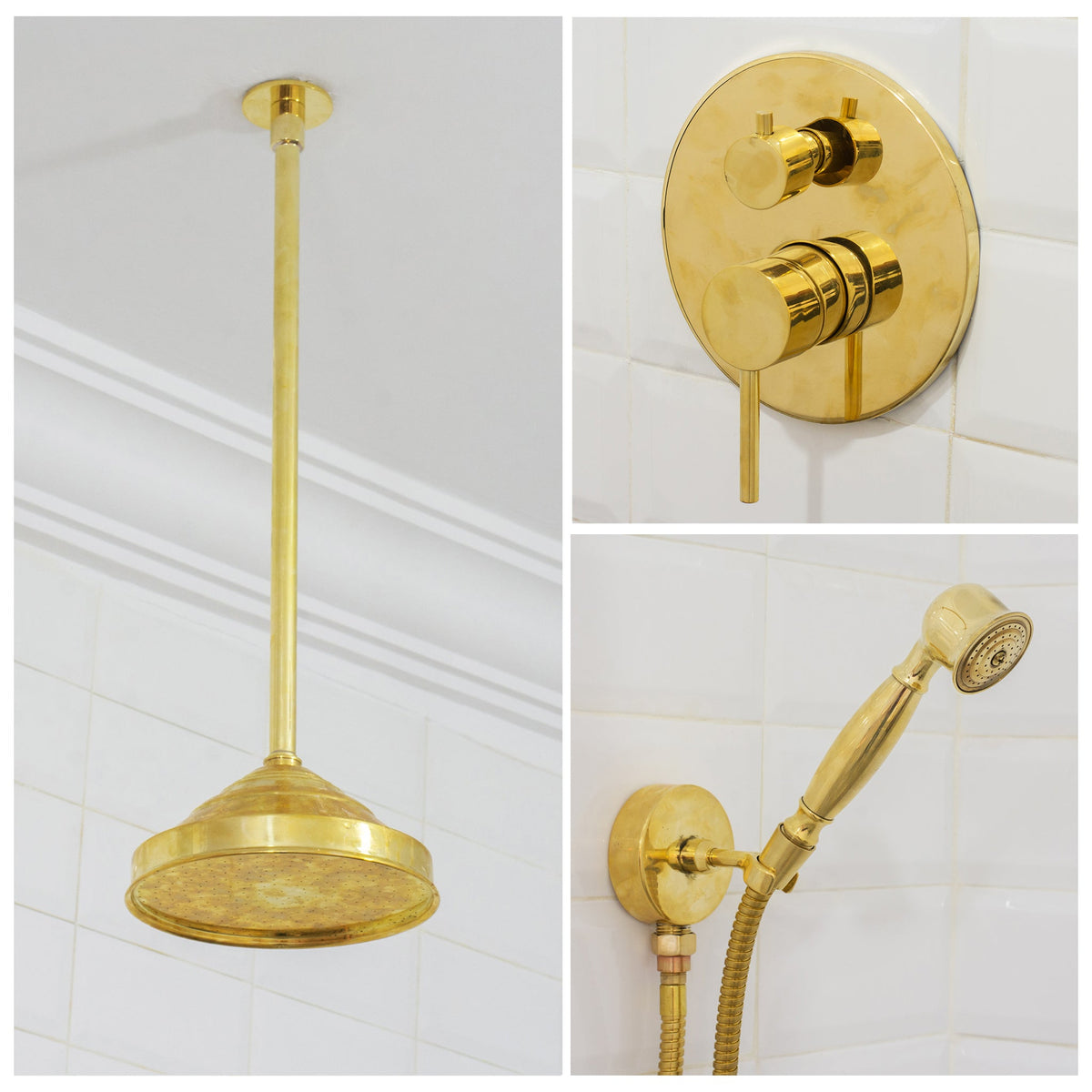 Unlacquered Brass 2 - Outlet Shower, Ceiling Shower System, Overhead Shower With Handheld, Ceiling Mount Showerhead And Hand Shower - Insideast